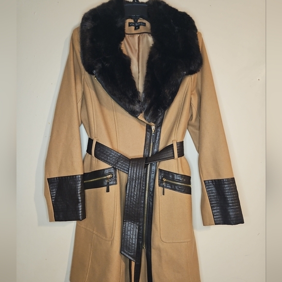 Y2K Vintage Via Spiga Camel Wool Leather Coat Faux Fur Collar Belted Women’s S12 - Picture 3 of 13